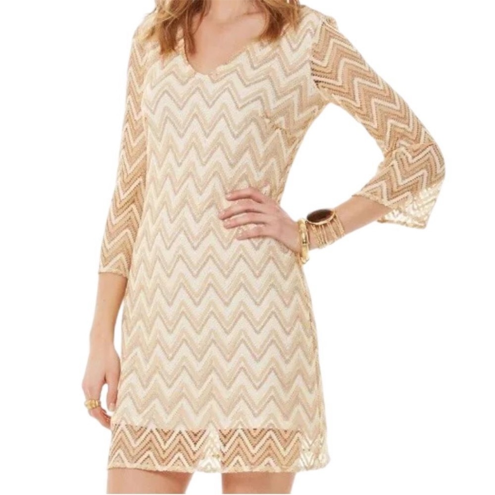 Lilly Pulitzer Gold Zig Zag Crochet Lace Jade Dress Size Large